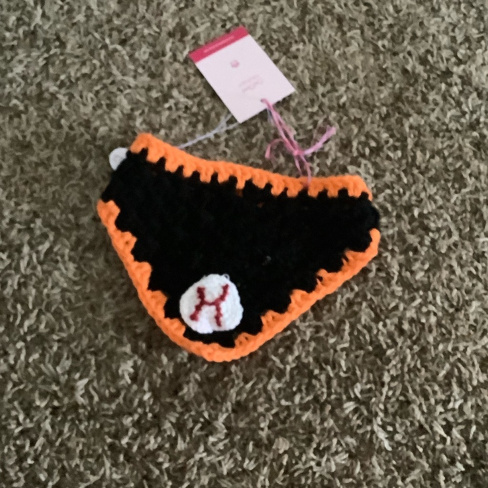 Crochet Baseball Dog Bandana Black & Orange – Adjustable Game Day Accessory